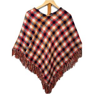 Vintage 1970s Crochet Poncho Colorful Cottage Core Granny Boho Fringe One Size